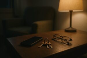 A dim living room in an Israeli apartment at dusk, an older smartphone face down on a worn wooden side table beside a ring of house keys and a folded pair of reading glasses. A single lamp casts warm light across the table edge while the rest of the room falls into soft shadow. Muted olive and grey tones, a faded armchair blurred in the background. Clean editorial photography, shallow depth of field, quiet and unstaged.