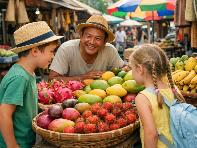 children exploring market