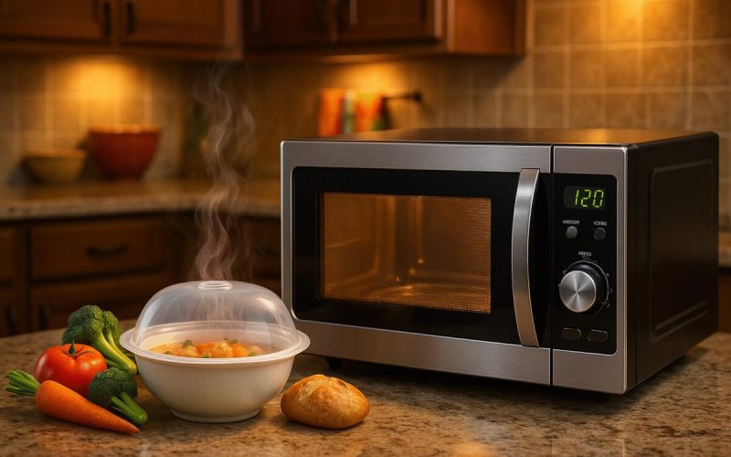 A high-definition digital artwork of a cozy, warmly-lit kitchen with a modern microwave prominently placed on a marble countertop. In front of the microwave, there is a ceramic bowl with steam gently rising from it, encapsulated by a transparent microwave-safe cover. Next to it, several colorful vegetables and a small loaf of bread are artfully arranged, suggesting the versatility of microwave cooking. The background features wooden cabinets and a hint of vibrant kitchen decor, creating an inviting, gourmet atmosphere.