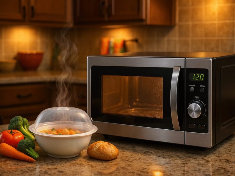 A high-definition digital artwork of a cozy, warmly-lit kitchen with a modern microwave prominently placed on a marble countertop. In front of the microwave, there is a ceramic bowl with steam gently rising from it, encapsulated by a transparent microwave-safe cover. Next to it, several colorful vegetables and a small loaf of bread are artfully arranged, suggesting the versatility of microwave cooking. The background features wooden cabinets and a hint of vibrant kitchen decor, creating an inviting, gourmet atmosphere.