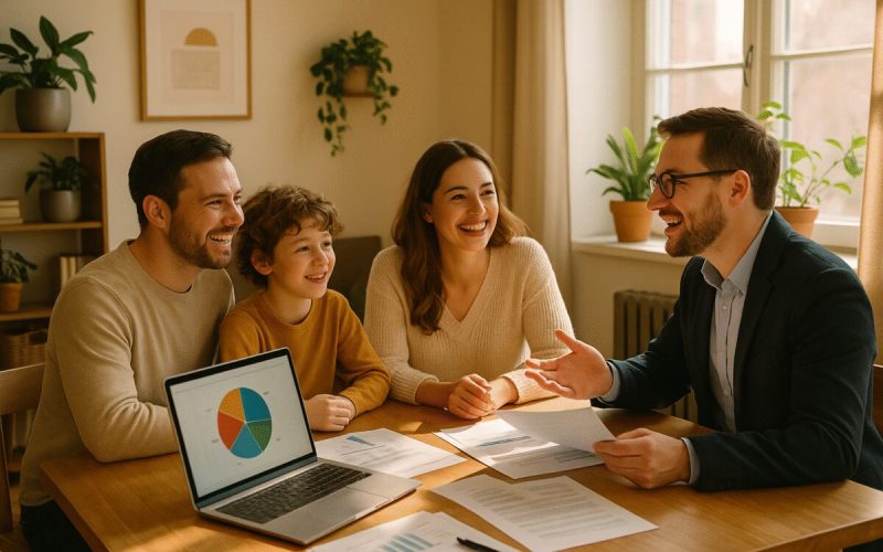 A high-definition image of a cozy, sunlit home office where a family is engaged in a financial planning session. The scene is filled with a warm, inviting atmosphere, featuring a wooden table scattered with papers and a laptop displaying a colorful pie chart. A couple, along with their child, are cheerfully discussing with a financial advisor. The walls are adorned with plants and minimalistic art, adding a touch of nature and style to the space. Natural light streaming through the window casts gentle shadows, highlighting the harmony and focused energy in the room.