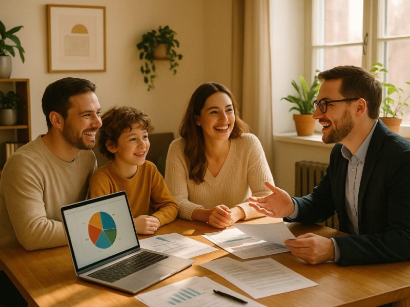 A high-definition image of a cozy, sunlit home office where a family is engaged in a financial planning session. The scene is filled with a warm, inviting atmosphere, featuring a wooden table scattered with papers and a laptop displaying a colorful pie chart. A couple, along with their child, are cheerfully discussing with a financial advisor. The walls are adorned with plants and minimalistic art, adding a touch of nature and style to the space. Natural light streaming through the window casts gentle shadows, highlighting the harmony and focused energy in the room.