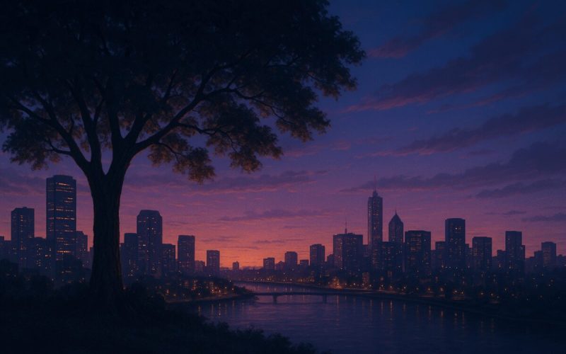 A high-definition digital artwork depicting a thoughtful, serene cityscape at twilight. In the foreground, a majestic tree stands with its leaves rustling gently in the breeze, symbolizing stability amidst change. The city's modern skyline is silhouetted against a deepening blue and purple sky, with warm lights flickering on in the windows of tall buildings. A river meanders through the city, reflecting the glistening lights and the gentle hues of the sunset. The scene conveys a sense of calm, introspection, and careful planning, capturing the essence of navigating financial decisions in a changing economic landscape.