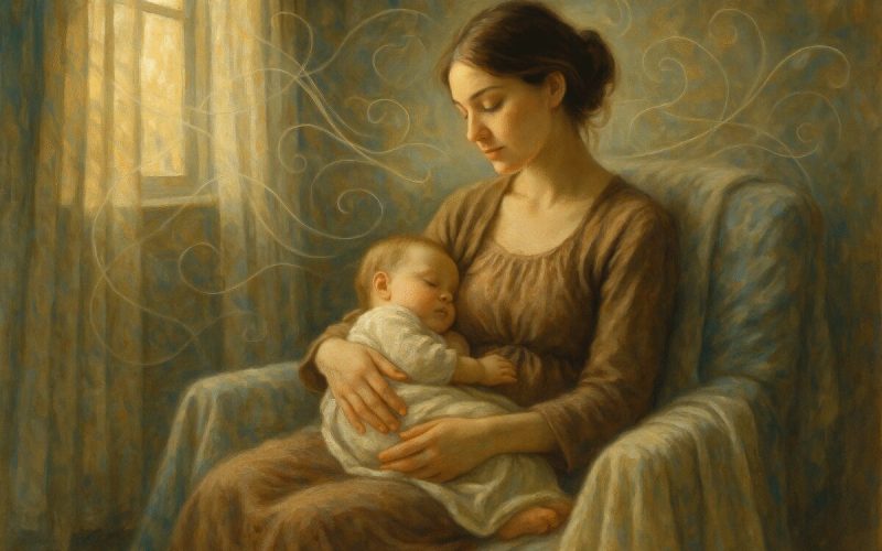 A serene painting depicting a young mother seated comfortably in a softly lit room, her baby nuzzling close in peaceful slumber. The mother, with a gentle and contemplative expression, is enveloped in a gentle, warm glow from a nearby window casting dappled patterns on the walls. Around her, the room is adorned with soft fabrics and calming colors, while delicate, wispy lines symbolize the ebb and flow of hormones in the air, intertwining gracefully with moments of tranquility and change. The image should be in high definition, capturing the nuanced play of light and the quiet, tender intimacy of the scene.