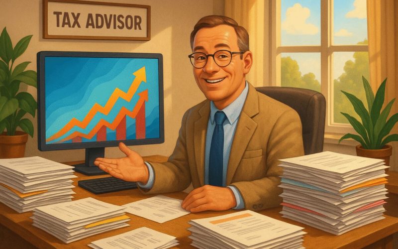 A high-definition digital artwork depicting a serene and organized office setting with warm lighting, featuring a friendly tax advisor sitting at a desk piled with colorful documents and paperwork. The advisor is smiling reassuringly, gesturing towards a large, modern computer screen displaying a vibrant, abstract visual representation of upward-flowing financial growth. In the background, a window reveals a sunny day, symbolizing clarity and financial empowerment. Vibrant green potted plants add a lively touch to the otherwise professional atmosphere.
