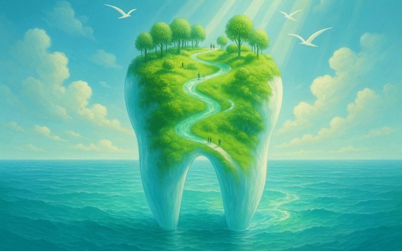 A high-definition digital painting of a serene and radiant dental landscape: a detailed, translucent tooth-shaped island emerging from a sea of clear blue. The island is lush and green, with trees resembling toothbrush bristles and paths of sparkling mint-colored fluoride streams. Gentle rays of sunlight illuminate the island, highlighting its pure and pristine nature. Tiny figures of people stroll along the paths, embodying prevention and care, as birds resembling dental floss arcs glide overhead, completing this harmonious vision of oral health.