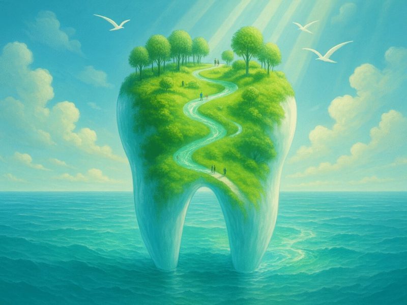 A high-definition digital painting of a serene and radiant dental landscape: a detailed, translucent tooth-shaped island emerging from a sea of clear blue. The island is lush and green, with trees resembling toothbrush bristles and paths of sparkling mint-colored fluoride streams. Gentle rays of sunlight illuminate the island, highlighting its pure and pristine nature. Tiny figures of people stroll along the paths, embodying prevention and care, as birds resembling dental floss arcs glide overhead, completing this harmonious vision of oral health.
