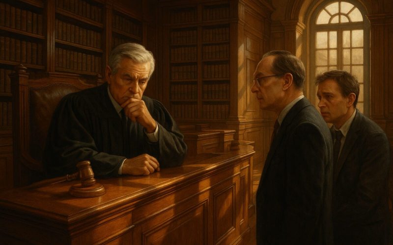 A high-definition illustration of a contemplative courtroom scene: a reflective judge in a grand wooden courtroom, the walls lined with towering bookshelves filled with legal tomes. In front of the judge, a distinguished lawyer and a worried individual exchange concerned looks. Sunlight streams through large arched windows, casting intricate shadows on the varnished wooden floors. This scene captures the gravity and complexity of financial and legal decisions.