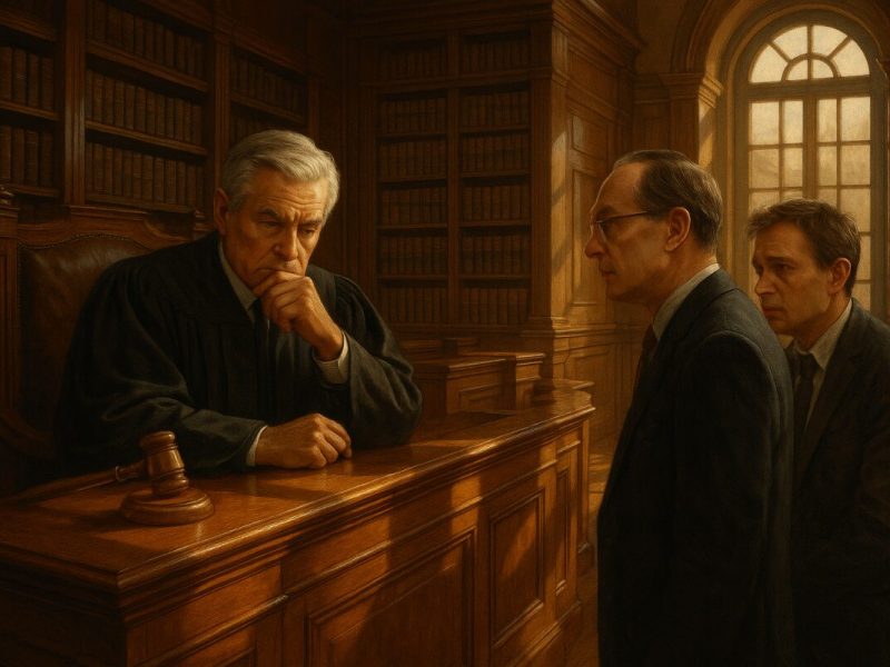 A high-definition illustration of a contemplative courtroom scene: a reflective judge in a grand wooden courtroom, the walls lined with towering bookshelves filled with legal tomes. In front of the judge, a distinguished lawyer and a worried individual exchange concerned looks. Sunlight streams through large arched windows, casting intricate shadows on the varnished wooden floors. This scene captures the gravity and complexity of financial and legal decisions.