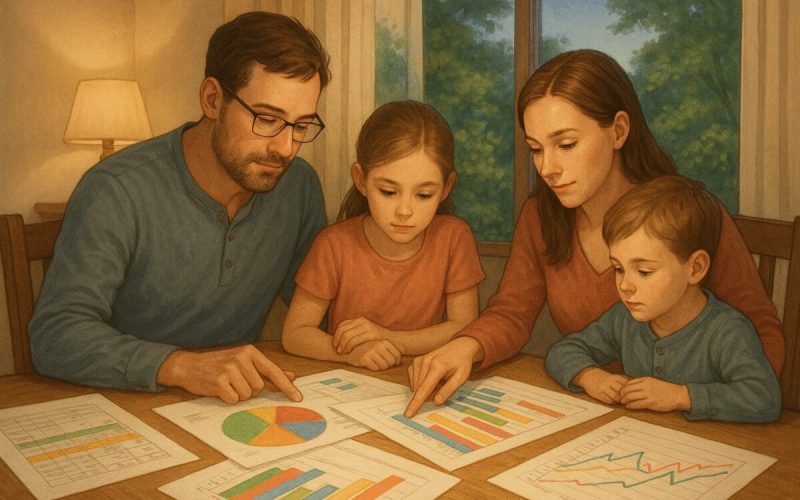 A serene, high-definition illustration of a family gathered around a table at home, earnestly reviewing a colorful spread of charts and financial papers. Soft, ambient lighting casts a warm glow across the scene, highlighting the expressions of focused determination on their faces. Through a nearby window, a lush, green garden suggests growth and prosperity, symbolizing the potential for positive change and financial improvement.