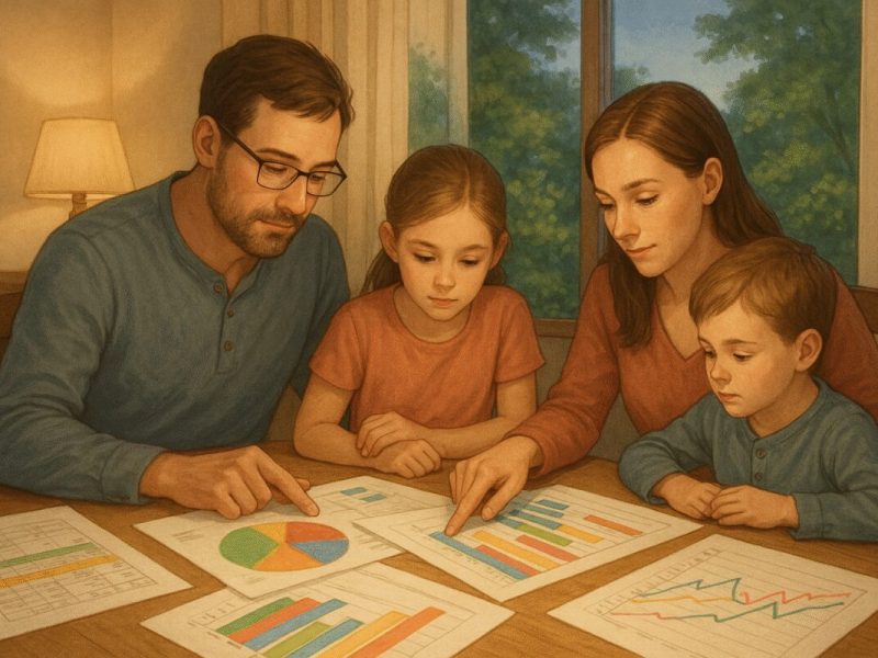 A serene, high-definition illustration of a family gathered around a table at home, earnestly reviewing a colorful spread of charts and financial papers. Soft, ambient lighting casts a warm glow across the scene, highlighting the expressions of focused determination on their faces. Through a nearby window, a lush, green garden suggests growth and prosperity, symbolizing the potential for positive change and financial improvement.
