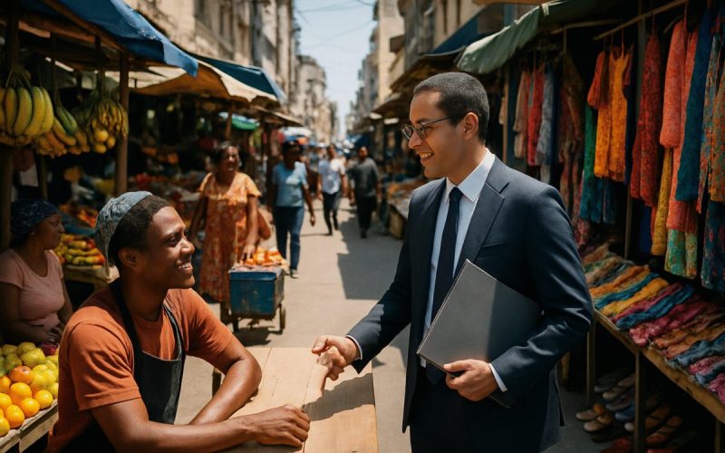 A realistic photograph capturing a bustling market street in an urban setting: various independent vendors and small shops line the road, each displaying colorful goods under the bright midday sun. Visibly diverse, the vendors are engaged in commerce, symbolizing entrepreneurial spirit. In the background, a professional-looking person with a file in hand, possibly a tax advisor, interacts amicably with a vendor at a wooden stall, adding a touch of guidance and consultation. The scene is lively and vibrant, with a depth of field that blurs distant passersby, providing focus and clarity to the central interaction. This high-definition image encapsulates the concept of small business owners navigating financial matters with expert assistance.
