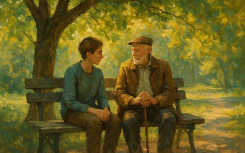 A painting depicting a serene and thoughtful scene: a young person and an elderly person sitting together on a park bench under the dappled light of a large, protecting tree. The foliage is lush and green, casting gentle shadows. Brushstrokes are visible, conveying both vibrancy and tranquility, with a warm sunlight filtering through the leaves, creating a comforting, timeless atmosphere. The expressions of both figures suggest understanding and care, symbolizing preparedness for future needs. The scene captures a moment of intergenerational connection and foresight, all in high definition.