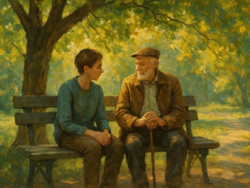 A painting depicting a serene and thoughtful scene: a young person and an elderly person sitting together on a park bench under the dappled light of a large, protecting tree. The foliage is lush and green, casting gentle shadows. Brushstrokes are visible, conveying both vibrancy and tranquility, with a warm sunlight filtering through the leaves, creating a comforting, timeless atmosphere. The expressions of both figures suggest understanding and care, symbolizing preparedness for future needs. The scene captures a moment of intergenerational connection and foresight, all in high definition.