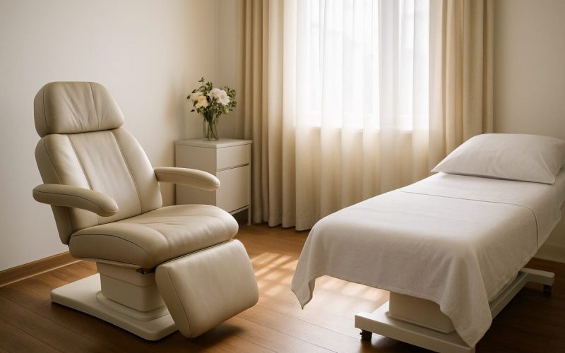 A realistic photograph depicting a serene, private clinic room filled with natural light, showcasing a sleek, modern design. A polished hardwood floor leads to a large window with soft curtains, allowing gentle sunlight to pour in. A comforting, cushioned recliner chair faces towards a plush examination bed with crisp, white linens. In the background, a vase with fresh flowers sits on a minimalist side table, adding a touch of tranquility. The room's ambiance is calm and professional, with hints of nature, reflecting the premium and attentive care offered through private health insurance. Capture this scene in high definition, focusing on the inviting and sophisticated atmosphere.