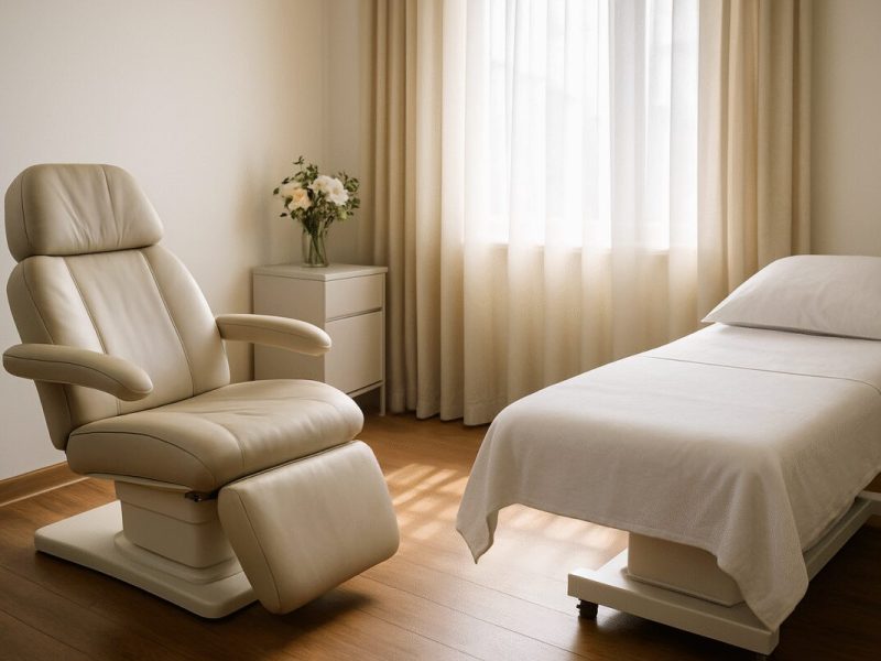 A realistic photograph depicting a serene, private clinic room filled with natural light, showcasing a sleek, modern design. A polished hardwood floor leads to a large window with soft curtains, allowing gentle sunlight to pour in. A comforting, cushioned recliner chair faces towards a plush examination bed with crisp, white linens. In the background, a vase with fresh flowers sits on a minimalist side table, adding a touch of tranquility. The room's ambiance is calm and professional, with hints of nature, reflecting the premium and attentive care offered through private health insurance. Capture this scene in high definition, focusing on the inviting and sophisticated atmosphere.
