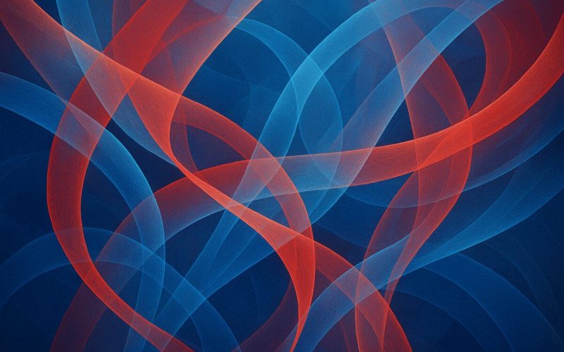An abstract graphic art in high definition, featuring a composition of interwoven, translucent blue and red shapes with soft gradients, swirling harmoniously like ribbons of silk. The shapes curve and intersect in an intricate dance, evoking the complexity and delicate balance involved in medical procedures. Dappled light filters through the translucent layers, creating a sense of depth and movement, while a subtle texture akin to fine silk threads enhances the tactile quality of the image.