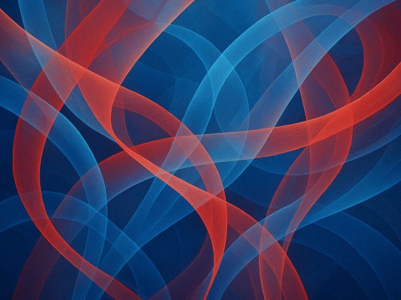 An abstract graphic art in high definition, featuring a composition of interwoven, translucent blue and red shapes with soft gradients, swirling harmoniously like ribbons of silk. The shapes curve and intersect in an intricate dance, evoking the complexity and delicate balance involved in medical procedures. Dappled light filters through the translucent layers, creating a sense of depth and movement, while a subtle texture akin to fine silk threads enhances the tactile quality of the image.