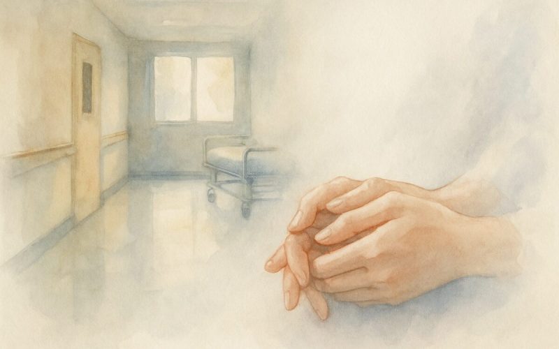 A painting in the style of a delicate watercolor: A serene scene of a hospital corridor bathed in soft, ambient light filtering through a large window. In the foreground, a pair of women's gentle hands, symbolizing care and support, are depicted with subtle brushstrokes, their outlines blending into a soft, white background. Faint shadows suggest an air of contemplation and introspection, emphasizing a delicate balance of emotions. The high-definition canvas brings texture to the paper, with visible washes of color gently interplaying across the scene.