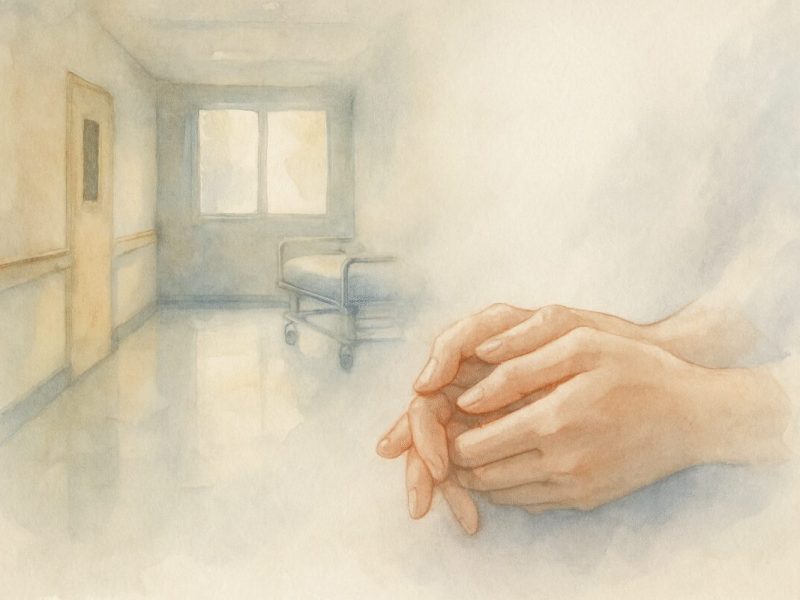A painting in the style of a delicate watercolor: A serene scene of a hospital corridor bathed in soft, ambient light filtering through a large window. In the foreground, a pair of women's gentle hands, symbolizing care and support, are depicted with subtle brushstrokes, their outlines blending into a soft, white background. Faint shadows suggest an air of contemplation and introspection, emphasizing a delicate balance of emotions. The high-definition canvas brings texture to the paper, with visible washes of color gently interplaying across the scene.