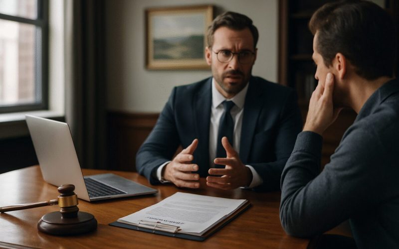 A realistic photograph depicting a thoughtful scene in a modern law office. The camera focuses on a large, polished wooden desk with neatly arranged legal documents and a sleek laptop open on the side. Natural light gently filters through a nearby window, illuminating a framed picture of a serene landscape on the wall and casting soft shadows across the desk. In the background, a well-dressed attorney engages in a serious yet empathetic conversation with a client, both partially in view. The atmosphere conveys professionalism, trust, and the importance of careful legal guidance. High definition.