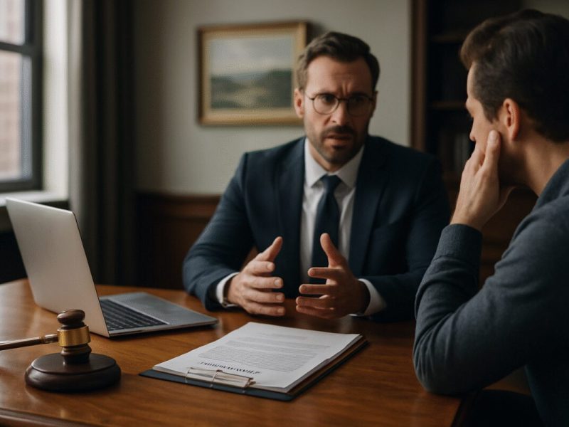 A realistic photograph depicting a thoughtful scene in a modern law office. The camera focuses on a large, polished wooden desk with neatly arranged legal documents and a sleek laptop open on the side. Natural light gently filters through a nearby window, illuminating a framed picture of a serene landscape on the wall and casting soft shadows across the desk. In the background, a well-dressed attorney engages in a serious yet empathetic conversation with a client, both partially in view. The atmosphere conveys professionalism, trust, and the importance of careful legal guidance. High definition.