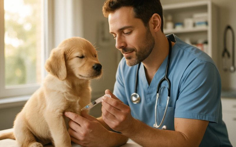 A realistic photograph depicting a caring veterinarian gently administering a vaccine to a calm, content puppy, with soft daylight streaming through a window, illuminating the scene with warm, inviting tones. The pup, a golden retriever, sits peacefully on a cushioned examination table, with the veterinarian's hands skillfully holding a syringe. The camera captures the tender moment from a side angle, showcasing both the vet's focused expression and the puppy's relaxed demeanor, highlighting the nurturing aspect of pet care. The surroundings are a modern, well-equipped veterinary clinic, with shelves of medicine and a stethoscope visible in the background. High definition.