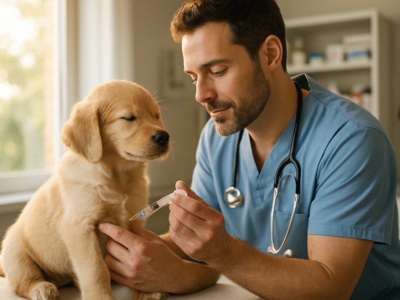 A realistic photograph depicting a caring veterinarian gently administering a vaccine to a calm, content puppy, with soft daylight streaming through a window, illuminating the scene with warm, inviting tones. The pup, a golden retriever, sits peacefully on a cushioned examination table, with the veterinarian's hands skillfully holding a syringe. The camera captures the tender moment from a side angle, showcasing both the vet's focused expression and the puppy's relaxed demeanor, highlighting the nurturing aspect of pet care. The surroundings are a modern, well-equipped veterinary clinic, with shelves of medicine and a stethoscope visible in the background. High definition.