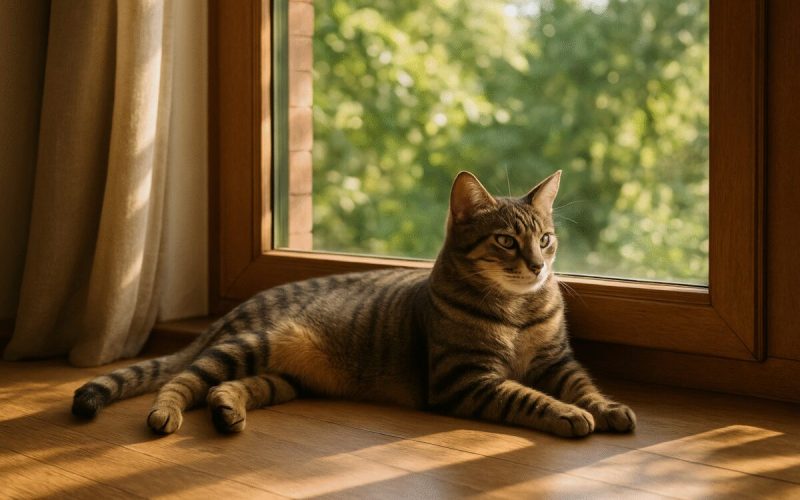 A realistic photograph capturing a serene and cozy home setting where a sleek, healthy tabby cat lounges contentedly on a sun-drenched windowsill. The window overlooks a lush, green garden, hinting at the outside world's allure. The cat's glossy fur and alert gaze convey a sense of vitality and security. Sunlight filters through the leaves, casting soft, natural shadows onto the wooden floor. The high-definition image should convey a warm, peaceful atmosphere, highlighting the cat as a content, cherished member of the household.
