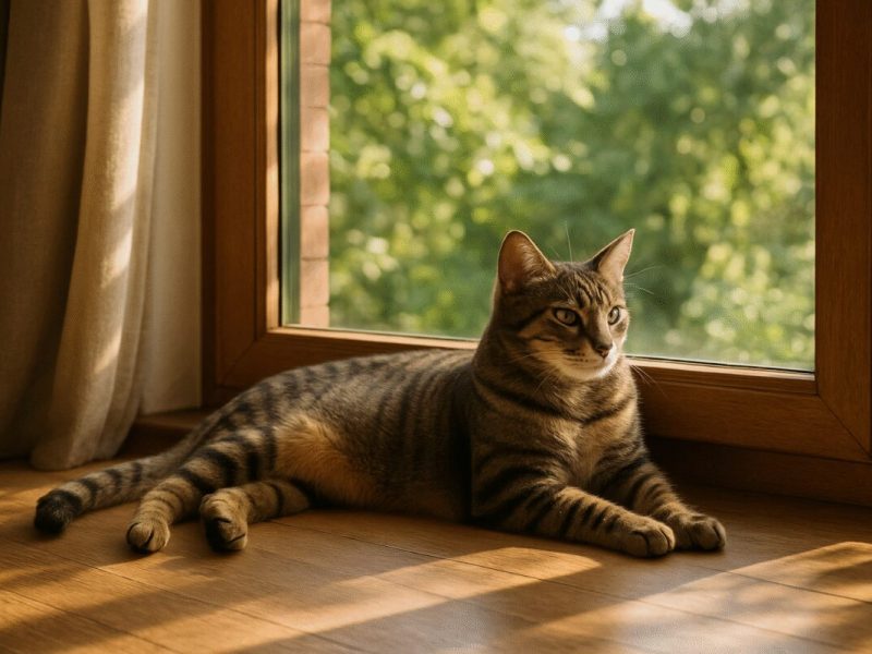 A realistic photograph capturing a serene and cozy home setting where a sleek, healthy tabby cat lounges contentedly on a sun-drenched windowsill. The window overlooks a lush, green garden, hinting at the outside world's allure. The cat's glossy fur and alert gaze convey a sense of vitality and security. Sunlight filters through the leaves, casting soft, natural shadows onto the wooden floor. The high-definition image should convey a warm, peaceful atmosphere, highlighting the cat as a content, cherished member of the household.