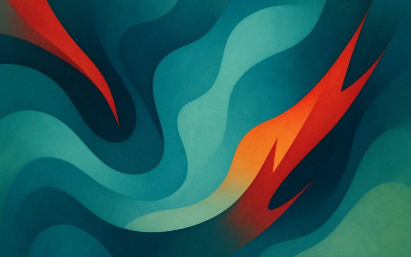Create an abstract graphic art piece in high definition that evokes the gentle balance between harmony and conflict. Use flowing organic shapes to symbolize the calmness and peace achieved through preventative measures, interspersed with sharper, more chaotic forms suggesting the potential for disruption. Select a color palette of calming blues and greens, merged with occasional striking reds and oranges to represent underlying tension. Integrate gradients and soft textures to enhance the sense of movement and transformation within the composition. No text or symbols, just pure abstraction and emotion through color and form.