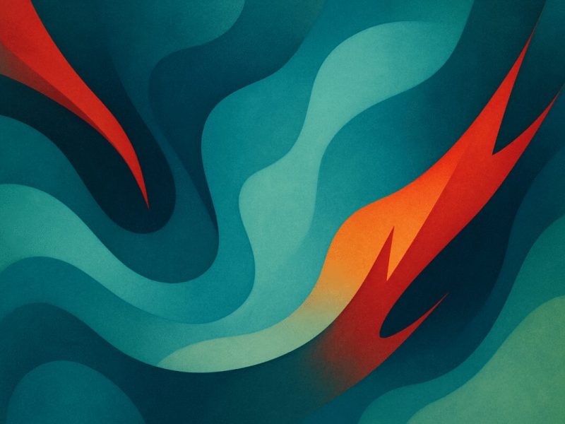Create an abstract graphic art piece in high definition that evokes the gentle balance between harmony and conflict. Use flowing organic shapes to symbolize the calmness and peace achieved through preventative measures, interspersed with sharper, more chaotic forms suggesting the potential for disruption. Select a color palette of calming blues and greens, merged with occasional striking reds and oranges to represent underlying tension. Integrate gradients and soft textures to enhance the sense of movement and transformation within the composition. No text or symbols, just pure abstraction and emotion through color and form.