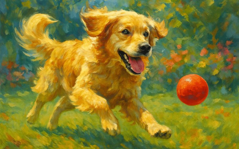A painting of a playful, energetic golden retriever in a lively chase, fur bouncing, eyes gleaming with joy. The background features a sunlit garden with soft green grass and colorful flowers, and a bright red rubber ball mid-air, inviting the dog's playful spirit. The artwork should capture the dog's dynamic movement with expressive brushstrokes and vibrant colors, evoking a sense of joy and spontaneity that conveys the essential happiness between dogs and their toys. Make the painting detailed in high definition.