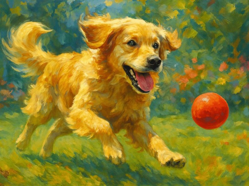 A painting of a playful, energetic golden retriever in a lively chase, fur bouncing, eyes gleaming with joy. The background features a sunlit garden with soft green grass and colorful flowers, and a bright red rubber ball mid-air, inviting the dog's playful spirit. The artwork should capture the dog's dynamic movement with expressive brushstrokes and vibrant colors, evoking a sense of joy and spontaneity that conveys the essential happiness between dogs and their toys. Make the painting detailed in high definition.