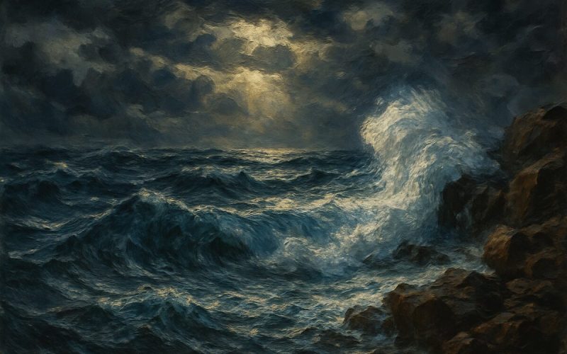 A painting of a stormy sea in oil paint, with swirling, dark blue waves crashing relentlessly against a rocky shore. The sky is overcast with dramatic, heavy clouds, while a single ray of golden sunlight breaks through, illuminating part of the churning ocean. Visible brushstrokes convey the tumult and power of the elements, contrasting the chaos and possibility within the scene. High definition.