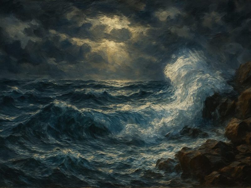 A painting of a stormy sea in oil paint, with swirling, dark blue waves crashing relentlessly against a rocky shore. The sky is overcast with dramatic, heavy clouds, while a single ray of golden sunlight breaks through, illuminating part of the churning ocean. Visible brushstrokes convey the tumult and power of the elements, contrasting the chaos and possibility within the scene. High definition.