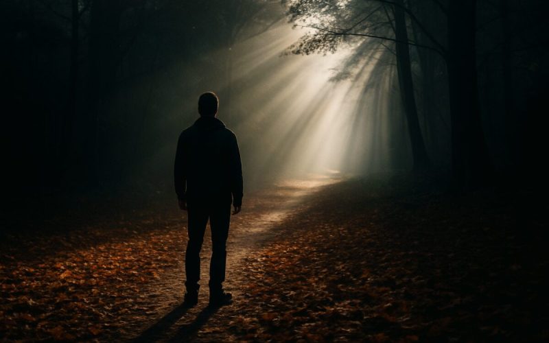 A realistic photograph capturing a solitary figure standing at the edge of a shadowy forest where sunlight streams through the branches in strong rays, creating a stark contrast between light and darkness. In the foreground, autumn leaves blanket the ground, with a path winding away into the light, symbolizing both challenge and hope. The depth of field softly blurs the background, focusing on the play of light and shadow across the scene, in high definition.