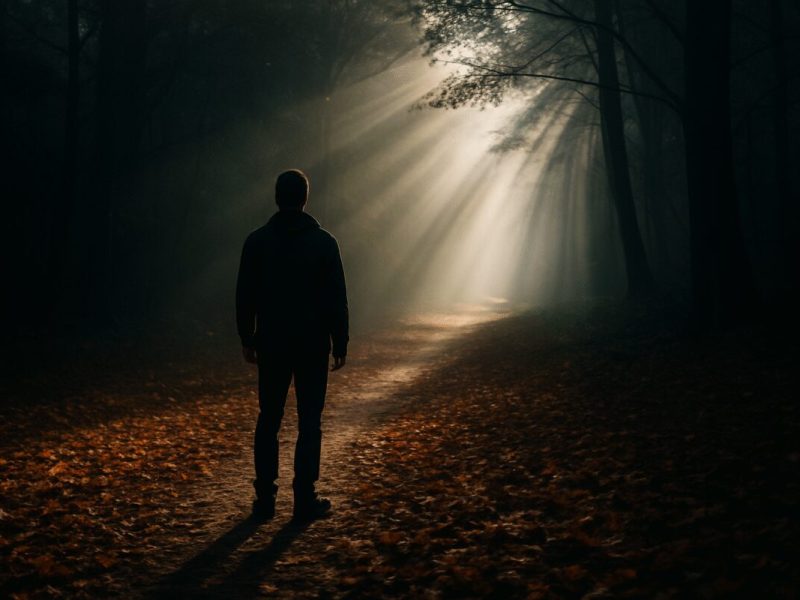 A realistic photograph capturing a solitary figure standing at the edge of a shadowy forest where sunlight streams through the branches in strong rays, creating a stark contrast between light and darkness. In the foreground, autumn leaves blanket the ground, with a path winding away into the light, symbolizing both challenge and hope. The depth of field softly blurs the background, focusing on the play of light and shadow across the scene, in high definition.