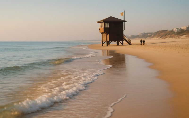 A wide early morning view of a Mediterranean beach in Israel, shallow clear water washing over pale golden sand, a lone wooden lifeguard tower standing in the middle distance with a plain colored flag on its mast, two small figures walking near the waterline. Soft low-angle sunlight with long shadows, cool blue water against warm sand tones, light haze over the horizon. Clean editorial photography, wide horizontal composition, shallow depth of field on the foreground water.