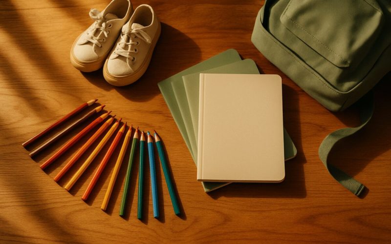 A warm domestic scene photographed from directly above: a wooden kitchen table at golden hour scattered with new school supplies, colored pencils fanned out in an arc, a stack of blank notebooks, a folded pair of small canvas sneakers and a plain backpack resting at the edge of the frame. Soft late afternoon light streams in from the left, casting long gentle shadows across the grain of the wood. Muted earthy palette of warm ochre, sage green and cream against natural oak. Clean editorial lifestyle photography with shallow depth of field.