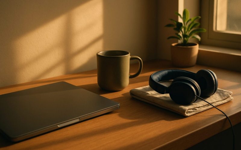 A quiet home office desk at golden hour seen from a slight side angle: a closed laptop, a ceramic mug, a pair of headphones resting on a folded linen cloth, and a small potted plant. Warm late afternoon light streams through a window casting long soft shadows across the wooden surface. Muted palette of warm sand, olive green and deep blue. Clean editorial photography, shallow depth of field, calm and uncluttered.