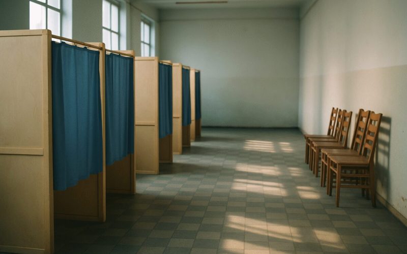A wide editorial photograph of a quiet empty public hall in early morning, rows of simple plywood partition booths with plain blue fabric curtains, worn checkered tile floor, stacked wooden chairs against a bare pale wall. Cool blue and warm neutral tones, slightly desaturated. Soft natural window light casting long diagonal shadows, shallow depth of field, calm documentary style.