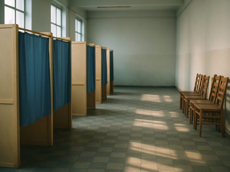 A wide editorial photograph of a quiet empty public hall in early morning, rows of simple plywood partition booths with plain blue fabric curtains, worn checkered tile floor, stacked wooden chairs against a bare pale wall. Cool blue and warm neutral tones, slightly desaturated. Soft natural window light casting long diagonal shadows, shallow depth of field, calm documentary style.