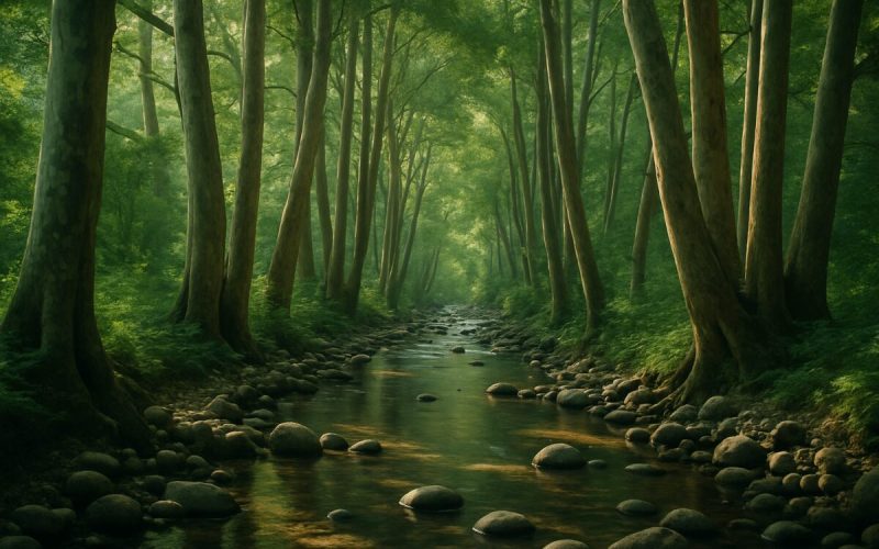 A narrow stream running through a dense grove of tall plane trees in northern Israel, dappled morning sunlight filtering through a closed canopy onto shallow clear water and smooth stones. Cool green and deep shadow tones contrasted with warm patches of light on the water surface. Wide natural composition at eye level, calm and inviting. Editorial nature photography with soft natural light and shallow depth of field.