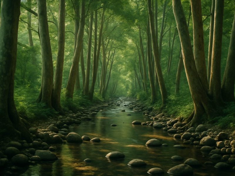 A narrow stream running through a dense grove of tall plane trees in northern Israel, dappled morning sunlight filtering through a closed canopy onto shallow clear water and smooth stones. Cool green and deep shadow tones contrasted with warm patches of light on the water surface. Wide natural composition at eye level, calm and inviting. Editorial nature photography with soft natural light and shallow depth of field.