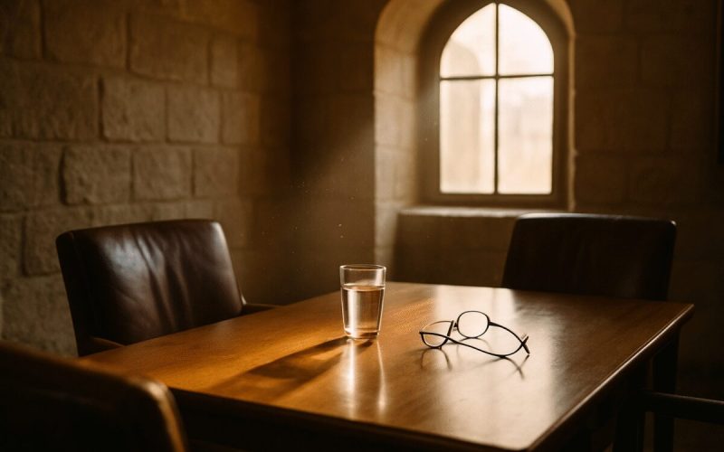 A quiet wooden meeting table in a sunlit Jerusalem room, worn leather chairs pulled slightly apart, a glass of water and a pair of reading glasses resting on the polished surface, dust motes drifting in a shaft of afternoon light from a tall arched window. Warm amber and cream tones against cool stone walls. Calm editorial photography with shallow depth of field and soft natural shadows.