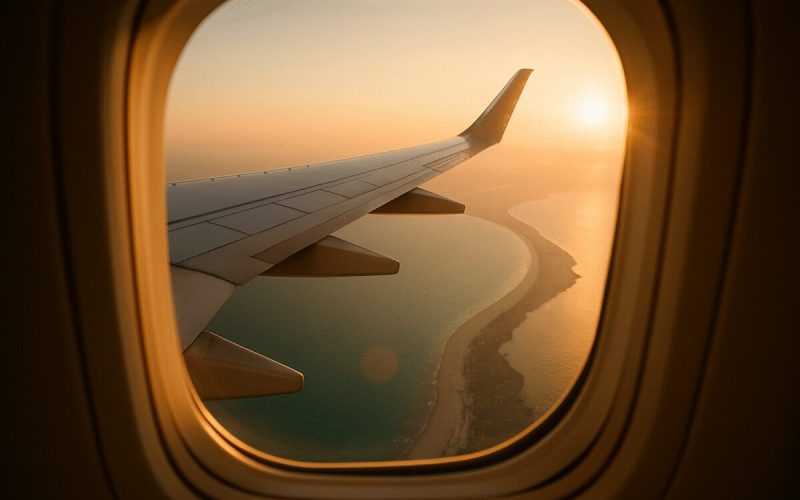 A wide view from an airplane cabin window at golden hour, the wing catching warm low sunlight above a curving Mediterranean coastline of pale sand meeting deep blue water. Soft haze on the horizon, warm amber tones against cool teal sea, gentle natural lens flare. Clean editorial travel photography, natural light, shallow depth of field.