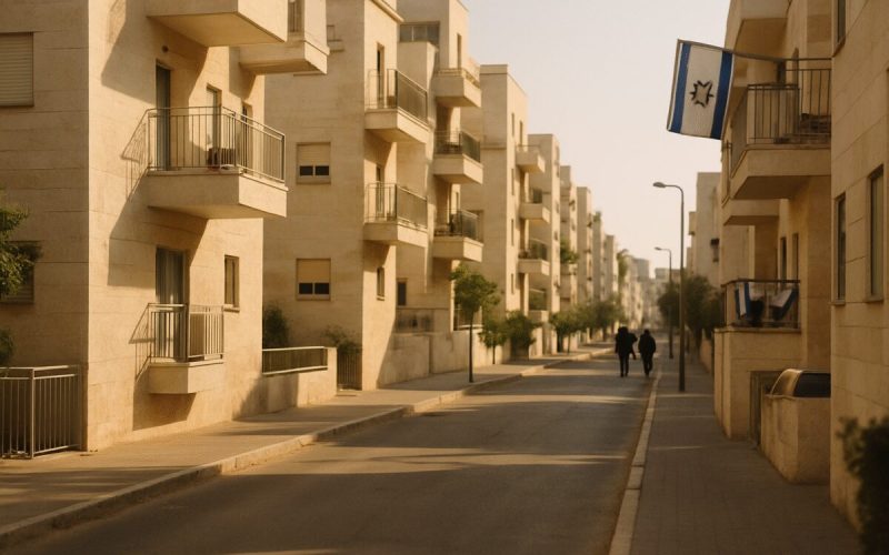 A calm early morning view of a residential Israeli neighborhood street, pale stone apartment buildings with balconies, a few people walking along the sidewalk toward the far end of the street, a small blue and white flag catching the light on one balcony. Warm low sun casting long soft shadows across the pavement, muted sand and stone tones against a clear pale sky. Clean editorial photography, natural light, shallow depth of field.