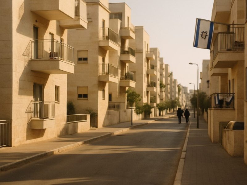 A calm early morning view of a residential Israeli neighborhood street, pale stone apartment buildings with balconies, a few people walking along the sidewalk toward the far end of the street, a small blue and white flag catching the light on one balcony. Warm low sun casting long soft shadows across the pavement, muted sand and stone tones against a clear pale sky. Clean editorial photography, natural light, shallow depth of field.