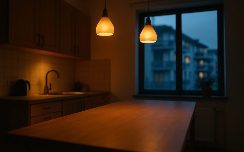 A quiet residential kitchen at dusk, seen from a low wide angle, with warm pendant lights glowing above a bare wooden counter and the last blue daylight coming through a window. A row of apartment balconies is visible outside, softly out of focus. Muted palette of warm amber against cool blue shadows, calm and domestic. Clean editorial photography with shallow depth of field.